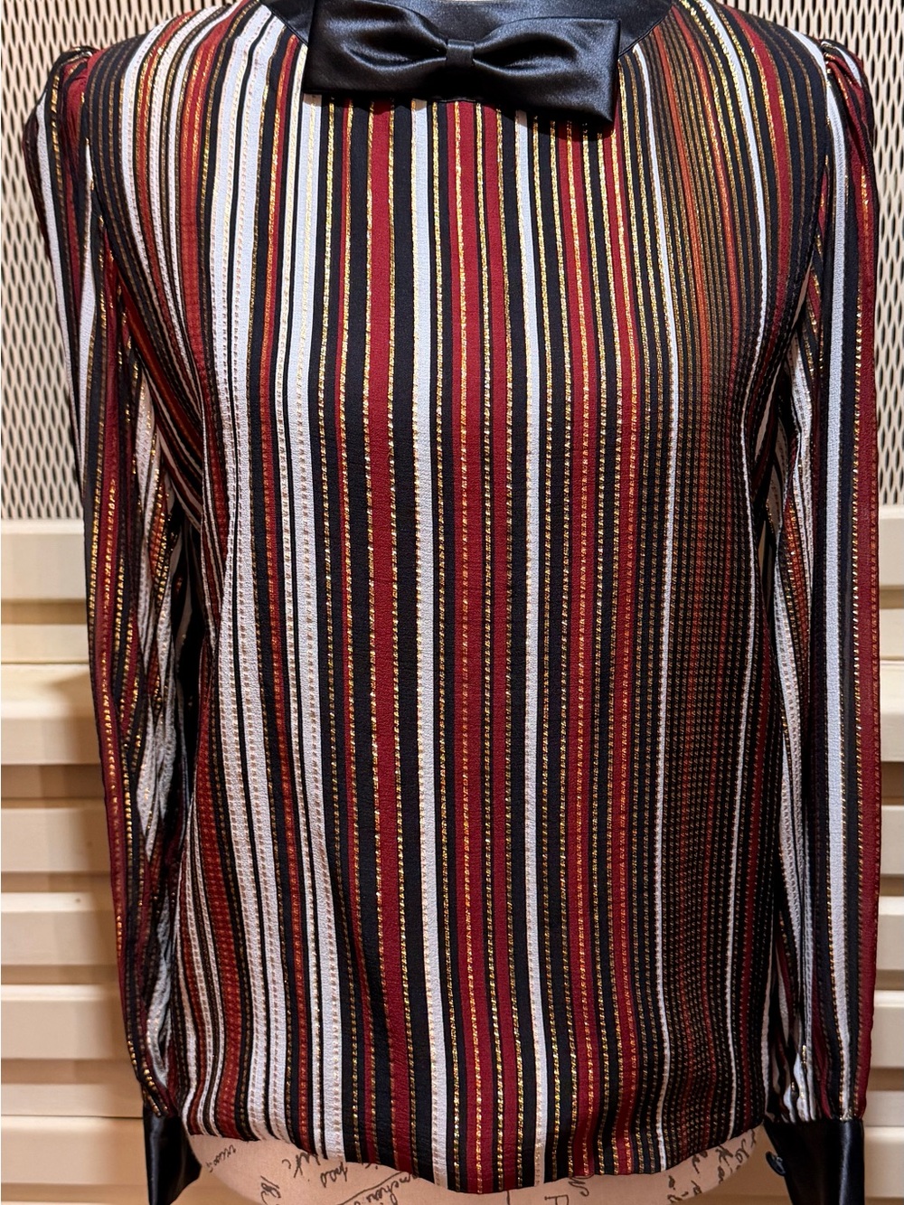 Vintage 1980s Givenchy Chemisiers Silk Metallic Tinsel Bow Blouse - Size 10